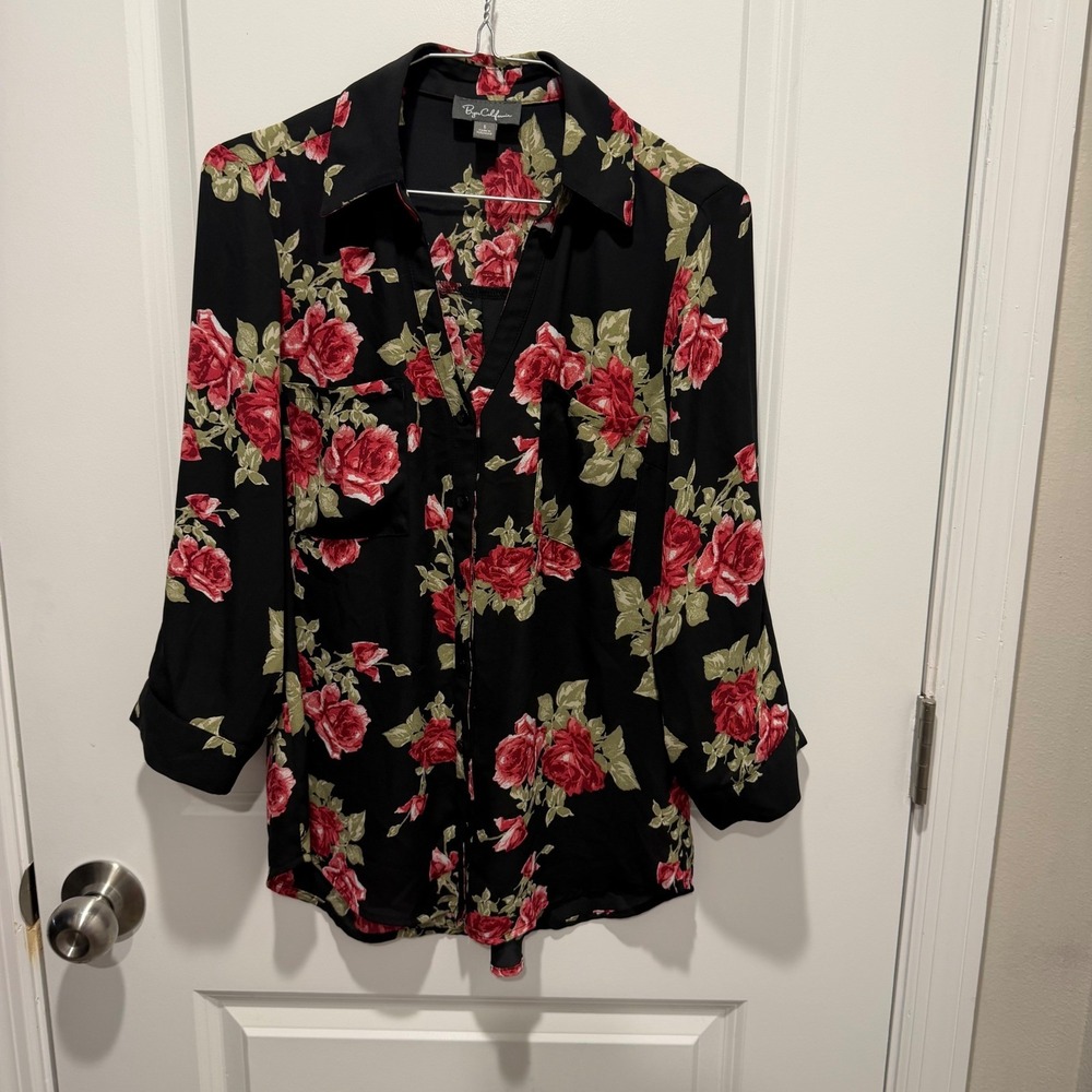 Byer California Womens Blouse Floral Rose Print Black‎ Size S